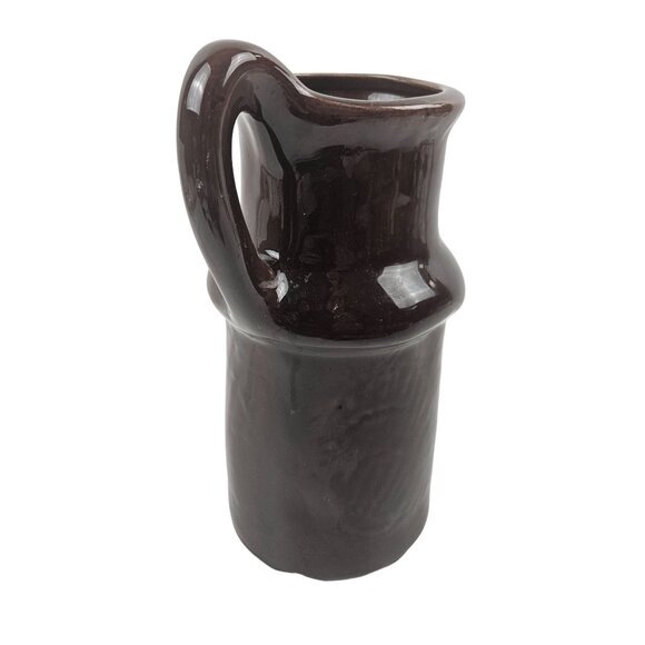 Vintage Dark Brown Ceramic Pitcher Handcrafted Pottery Jug 9.5 in Tall Glossy - Picture 2 of 8
